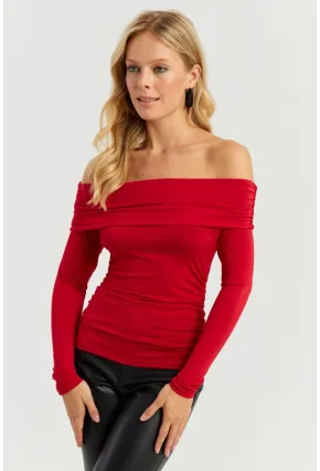 Kadın Kırmızı Büzgülü Madonna Bluz MON1119