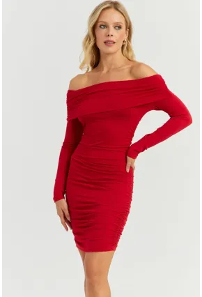 Kadın Kırmızı Büzgülü Madonna Mini Elbise MON1118