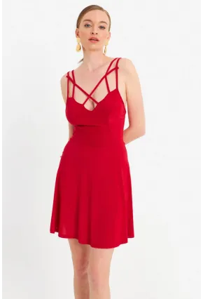 Kadın Kırmızı Çapraz Askılı Mini Elbise ELT182