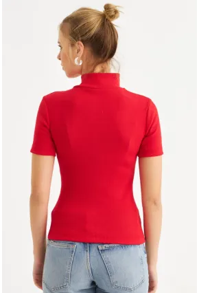 Kadın Kırmızı Çapraz Fermuarlı Kaşkorse Bluz EY3000