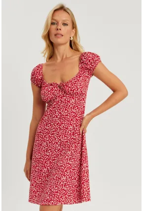 Kadın Kırmızı Çiçekli Mini Elbise GÇ165