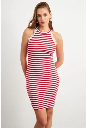 Kadın Kırmızı Dantel Detaylı Çizgili Midi Elbise MK36