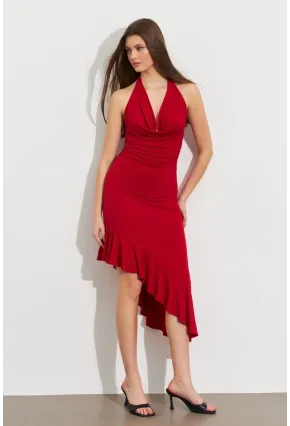 Kadın Kırmızı Degaje Asimetrik Midi Elbise İRE1436