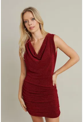 Kadın Kırmızı Degaje Yaka Büzgülü Mini Elbise YEL96