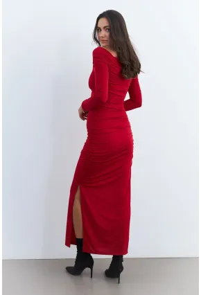 Kadın Kırmızı Drapeli Maxi Yılbaşı Elbise SHR7