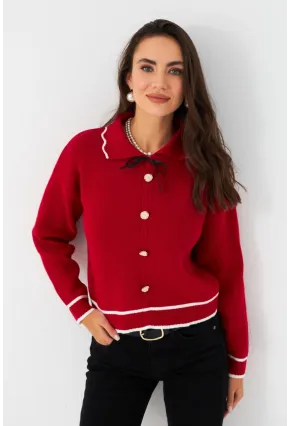 Kadın Kırmızı Düğme Aksesuarlı Kazak MCNG802