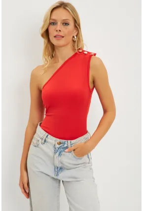 Kadın Kırmızı Düğme Detaylı Bluz EY2790