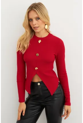 Kadın Kırmızı Düğme Detaylı Bluz RLO83