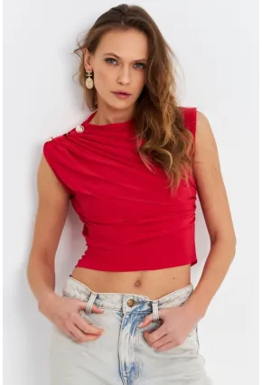 Kadın Kırmızı Düğme Detaylı Büzgülü Bluz LPP1205-1