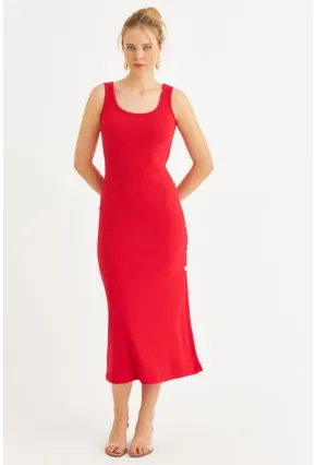 Kadın Kırmızı Düğme Detaylı Kaşkorse Midi Elbise EY2837