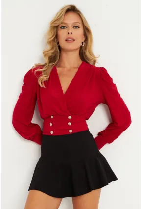 Kadın Kırmızı Düğme Detaylı Kruvaze Bluz ELT3188
