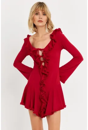 Kadın Kırmızı Fırfırlı Mini Elbise DCF121