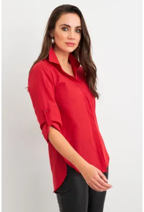 Kadın Kırmızı Gizli Düğmeli Uzun Gömlek SF2001