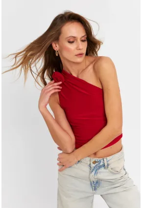 Kadın Kırmızı Gül Aksesuar Detaylı Crop Bluz ELT3925