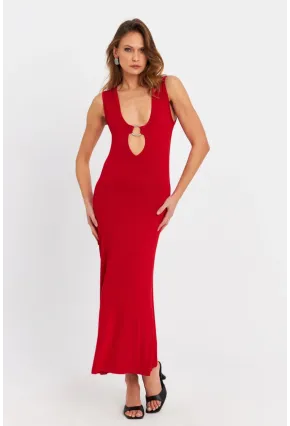Kadın Kırmızı Halka Detaylı Pencereli Midi Elbise EY3078