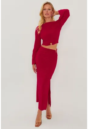 Kadın Kırmızı Halka Detaylı Sırtı Açık Etek Takım HO051