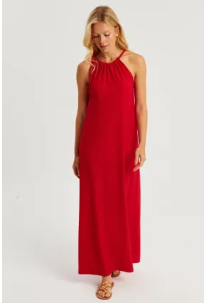Kadın Kırmızı Halter Yaka Bürümcük Midi Elbise EY2788