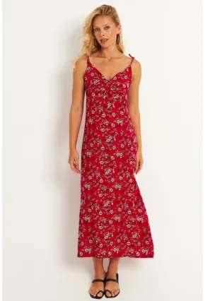 Kadın Kırmızı İp Askılı Çiçekli Midi Elbise GÇ172