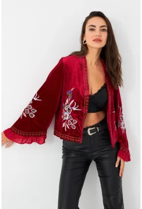 Kadın Kırmızı İspanyol Kol Nakışlı Kadife Ceket QS5577