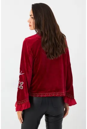 Kadın Kırmızı İspanyol Kol Nakışlı Kadife Ceket QS5577