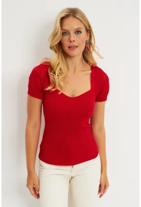 Kadın Kırmızı Kalp Taka Triko Bluz SMT228