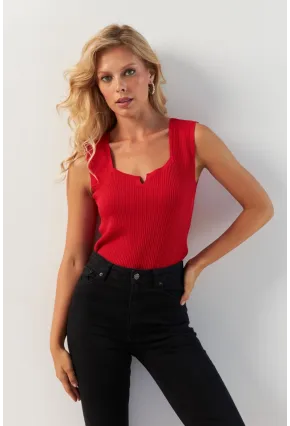 Kadın Kırmızı Kare Yaka Triko Bluz SMT243