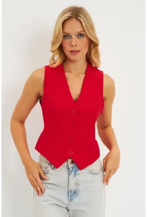 Kadın Kırmızı Keten Astarlı Yelek TW60046