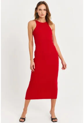 Kadın Kırmızı Kolsuz Kaşkorse Midi Elbise EY3049