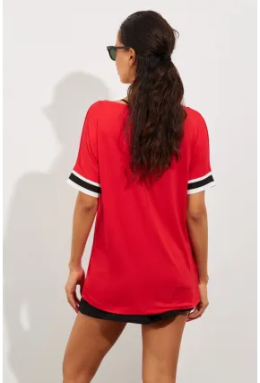 Kadın Kırmızı Kontrast T-Shirt ST396