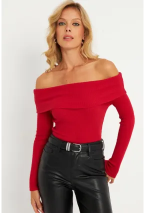 Kadın Kırmızı Madonna Yaka Kaşkorse Bluz XL2210