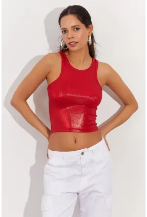 Kadın Kırmızı Metalik Crop Bluz LPP1218