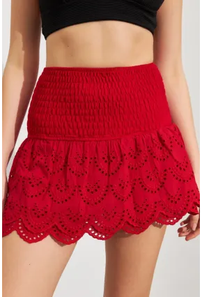 Kadın Kırmızı Nakışlı Mini Etek ZH111