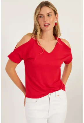 Kadın Kırmızı Omuzları Açık Bluz BR1329