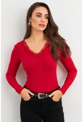 Kadın Kırmızı Ön Arka V Dantelli Bluz AYD406