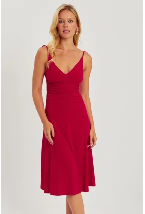 Kadın Kırmızı Önü Büzgülü Midi Elbise HO046