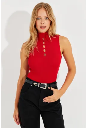 Kadın Kırmızı Önü Damla Kolsuz Triko Bluz YV112