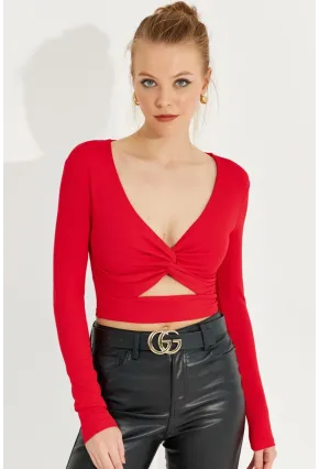 Kadın Kırmızı Önü Düğümlü Crop Bluz AYD244