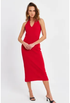 Kadın Kırmızı Pencereli Kaşkorse Midi Elbise EY3063