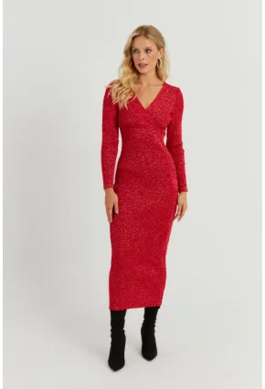 Kadın Kırmızı Simli Kruvaze Triko Maxi Elbise KED3578