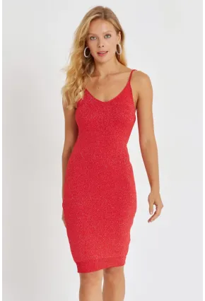Kadın Kırmızı Simli Midi Elbise YZ525