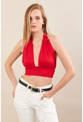 Kadın Kırmızı Sırt Ve Boyun Bağlamalı Bluz EY1472
