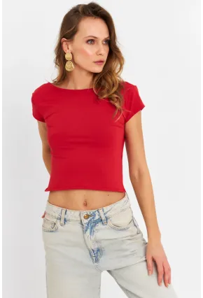 Kadın Kırmızı Sırtı Açık Crop Bluz ZH007