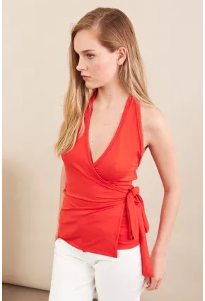 Kadın Kırmızı Sırtı Açık Kruvaze Bluz Ey3095