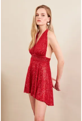 Kadın Kırmızı Sırtı Açık Payetli Astarlı Mini Elbise DCF046