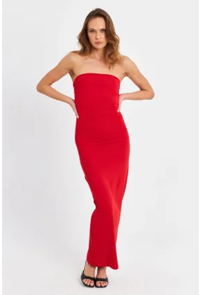 Kadın Kırmızı Straplez Yırtmaçlı Midi Elbise XC005