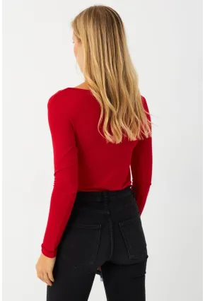 Kadın Kırmızı V Yaka Çıtçıtlı Body Fİ792