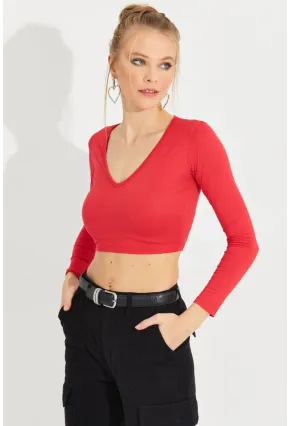 Kadın Kırmızı V Yaka Crop Bluz LPP1241
