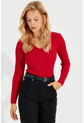 Kadın Kırmızı V Yaka Fitilli Triko Bluz SMT216
