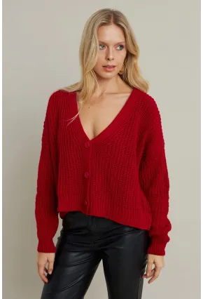 Kadın Kırmızı V Yaka Hırka KAZ35