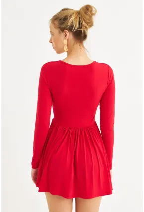 Kadın Kırmızı V Yaka Mini Elbise LİK17